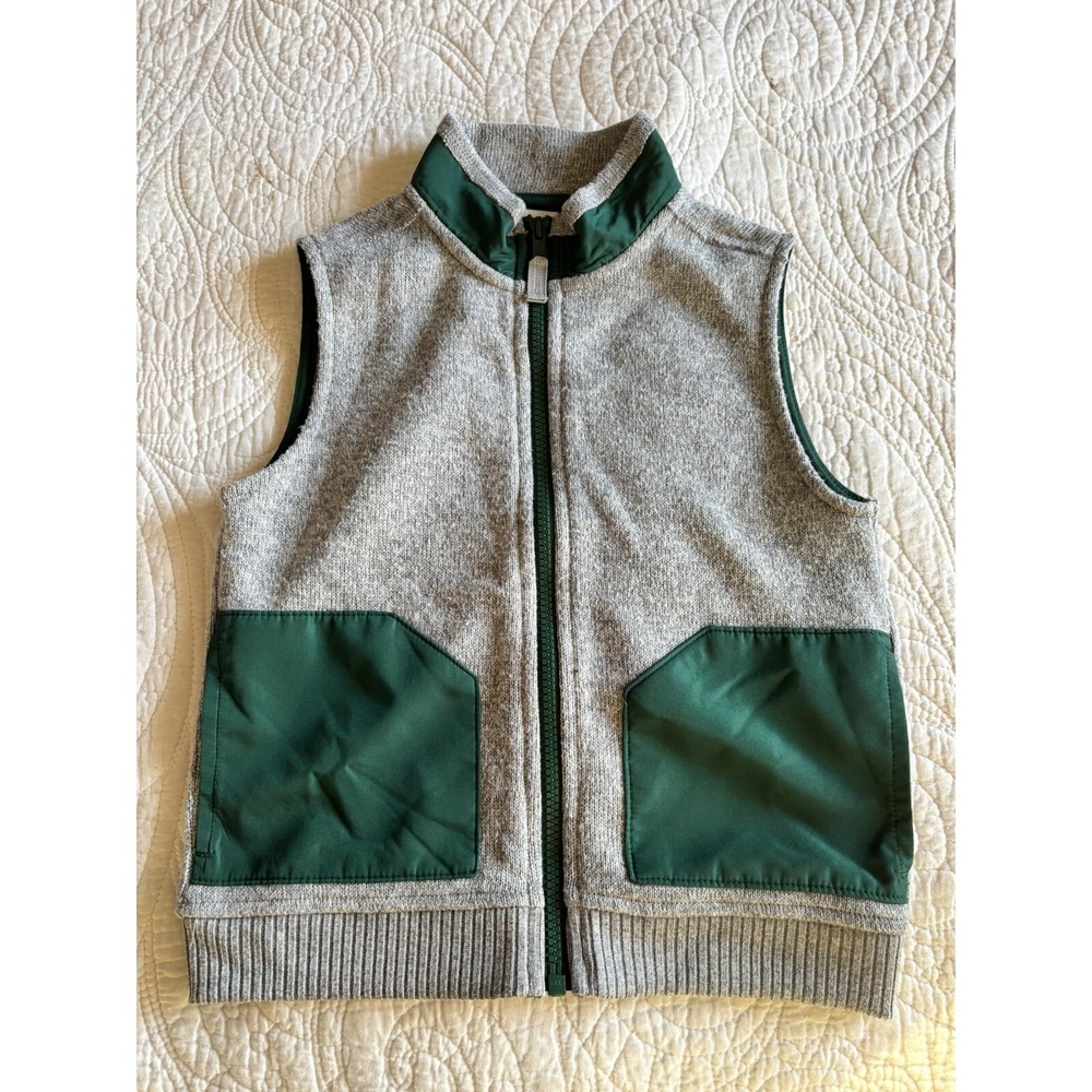 Janie and Jack Vest Fleece Full Zip Boy's Size 3T 4T Gray Green Pockets